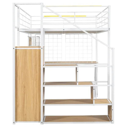 US Local Full Size Metal Loft Bed With Built-in Work Station, Wardrobe, Storage Staircase And LED, White