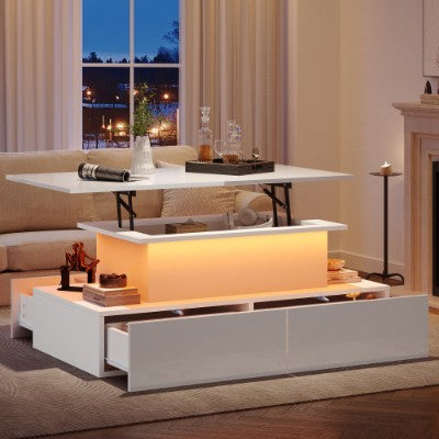 UK Local LED High Gloss Coffee Table With 4 Drawers, Lift Top Coffee Table, Wood Lifting Table Tea With Storage,Rectangular Coffee Table With Storage, 90 X 55 X 42.5 Cm, White