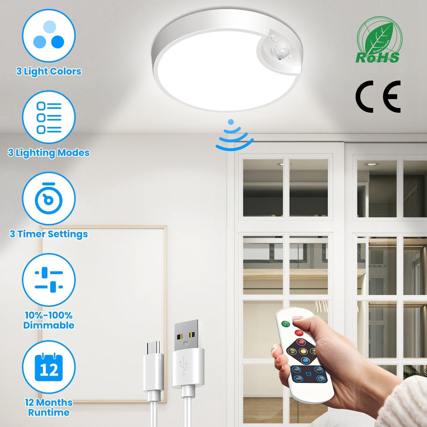 US Local 1Pc Rechargeable Motion Sensor Ceiling Light Dimmable LED Ceiling Light With Remote Timer 3 Light Colors 3 Modes For Stairs Garage Bathroom