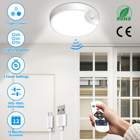 US Local 1Pc Rechargeable Motion Sensor Ceiling Light Dimmable LED Ceiling Light With Remote Timer 3 Light Colors 3 Modes For Stairs Garage Bathroom