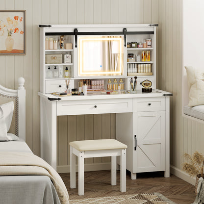 US Local Vanity Desk Set With Mirror And Lights, Cushioned Stool, Storage Drawer, Cabinet, Shelves For Bedroom, White