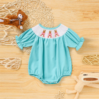 US Local Baby Girl Comforable Bunny Romper Set, Bubble Sleeve Onesie With Bow Rabbit Embroidery