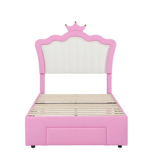 US Local Twin Size Upholstered Bed Frame With LED Lights, Modern Upholstered Princess Bed With Crown Headboard, A Drawer