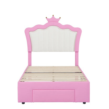 US Local Twin Size Upholstered Bed Frame With LED Lights, Modern Upholstered Princess Bed With Crown Headboard, A Drawer