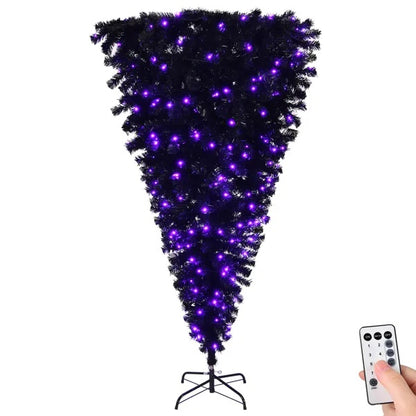 US Local 6 FT Pre-lit Upside Down Artificial Christmas Tree, Black Halloween Tree With 250 Purple Lights And Pumpkin & Skull Ornaments