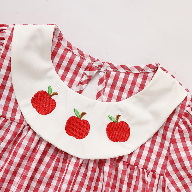 US Local Toddler Kids Girls Back To School Dress Smocked Collar Puff Sleeve Plaid Embroidered Print Dress