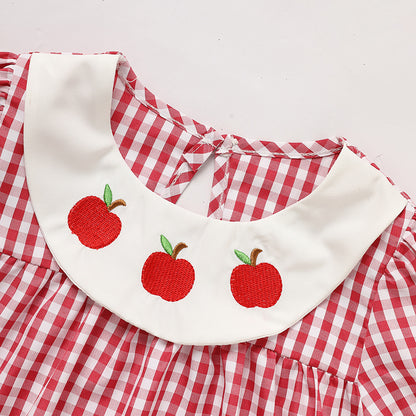 US Local Toddler Kids Girls Back To School Dress Smocked Collar Puff Sleeve Plaid Embroidered Print Dress