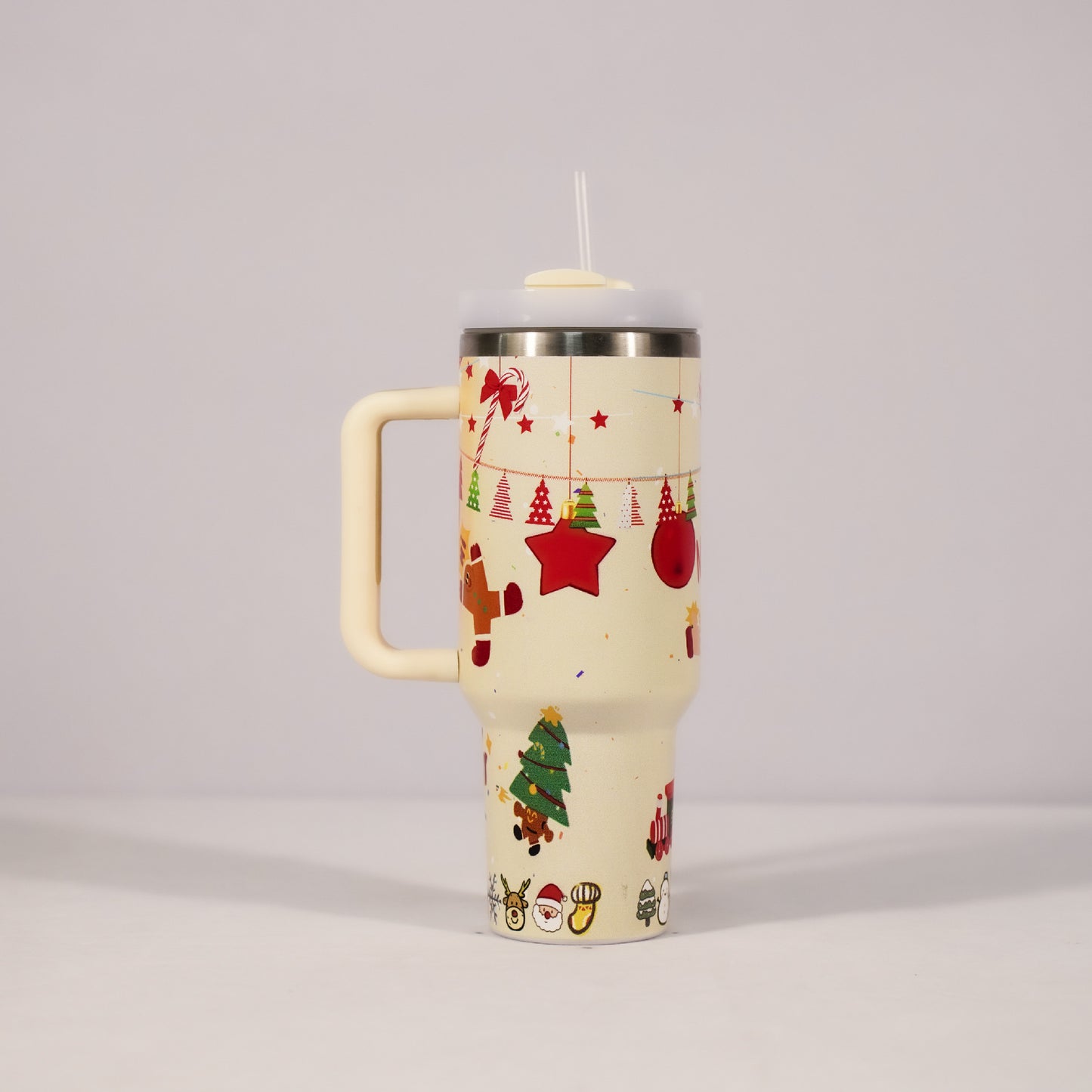 Christmas Pattern Mug With Handle Lid Straw Drinkware Stainless Steel Vacuum Tumbler Large Capacity Car Travel Coffee Cup