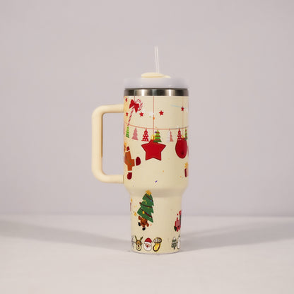 Christmas Pattern Mug With Handle Lid Straw Drinkware Stainless Steel Vacuum Tumbler Large Capacity Car Travel Coffee Cup