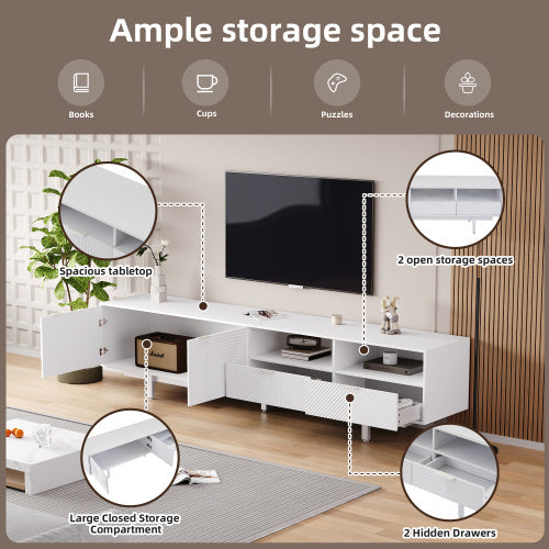UK Local Modern Bohemian TV Cabinet, White Geometric Lines TV Stand, TV Entertainment Center With Storage Space, 200X40X51 Cm, Modern TV Stand For 90 Inch TVs, Console Media Cabinet For Living Room