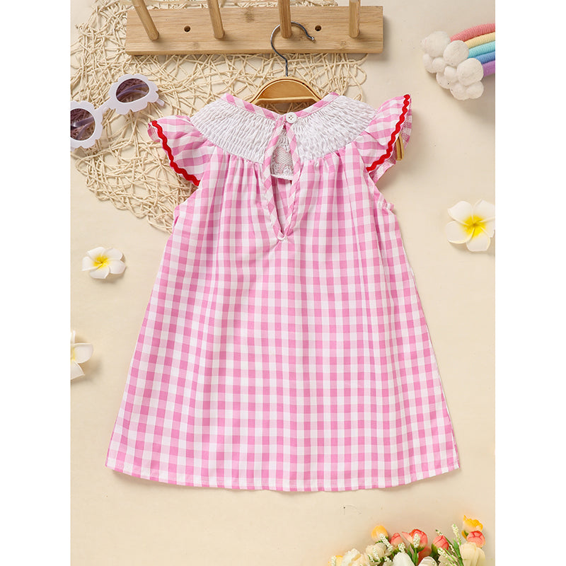 US Local Infant Baby Girls' Valentine's Day Dress Pink Plaid With Heart Embroidery, Smocked Ruffle Sleeves