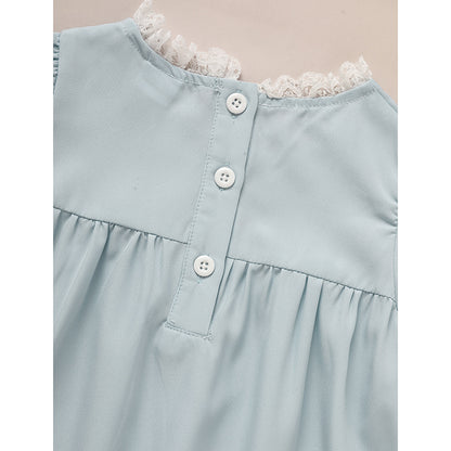 US Local Toddler Girls Dress, Summer Lace Trim Puff Short Sleeves Crew Neck Princess Party Dress