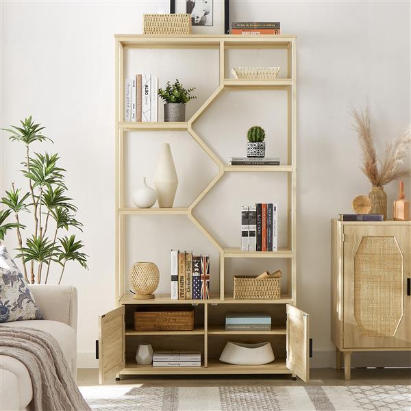 US Local Bookshelves In Rattan, 7-tier Bookcase Storage Shelves For Living Room, Home Office, Natural Color