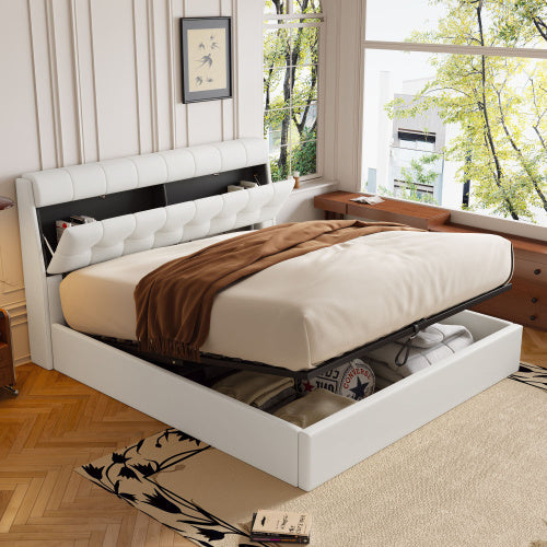 UK Local Fashion Upholstered Bed,150x200  5ft, King Bed,Hydraulic Bed,Concealed Headboard Storage,Bed Box Storage,PU,With Slats And Headboard,Without Mattress,Cream White