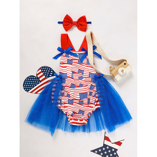 US Local Baby's Independence Day Style Flag Pattern Triangle Bodysuit, Casual Sleeveless Bowknot Romper