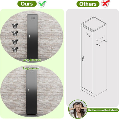 US Local Aobabo Lockable Storage Cabinet With Wheels, Metal Cleaning Tool Cabinet With Hooks, Cleaning Supplies For Broom Rack Shelf For Broom Mops Garage Storage, Black, Assembly Required