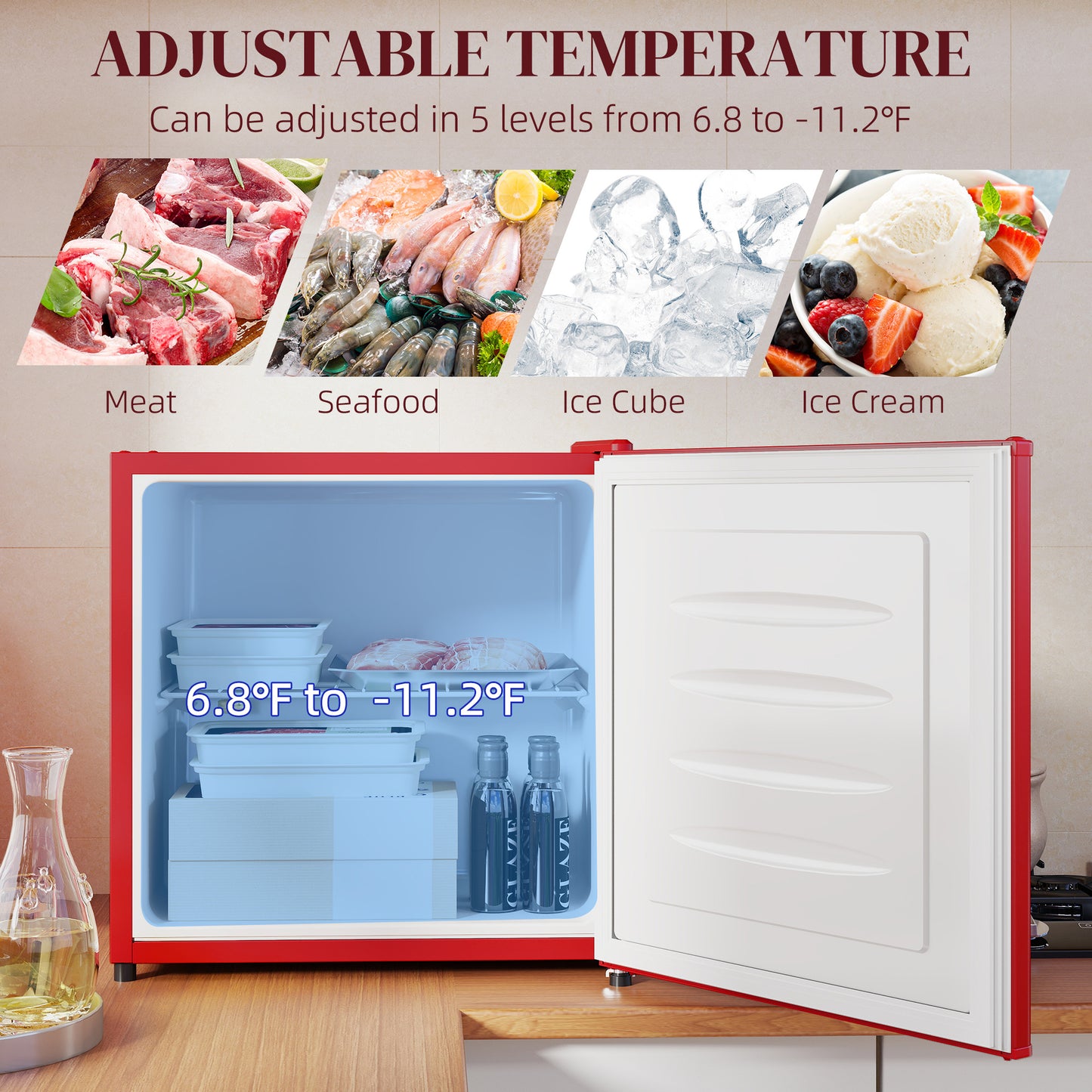 US Local 1.1 Cu.Ft Countertop Mini Freezer, Compact Upright Freezer With Removable Shelves, Red