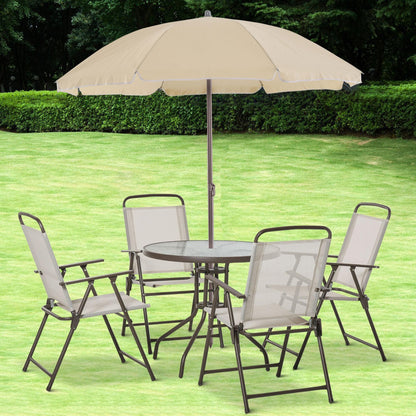 US Local 6-Piece Patio Dining Set With Umbrella, Folding Chairs & Glass Table, Beige - Outdoor Meal Setup