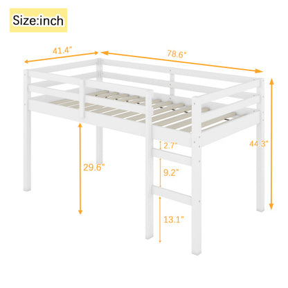 US Local Solid Wooden, Rubber Wooden Twin Loft Bed With Ladder, Bed Platform Of Strengthened Slats , White