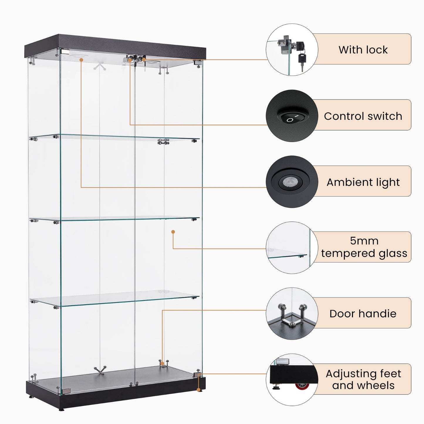US Local 4-Tier Glass Display Cabinet, Double Door Glass Cabinet, Four Partitions, Two Locks, Floor Standing