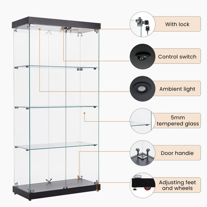 US Local 4-Tier Glass Display Cabinet, Double Door Glass Cabinet, Four Partitions, Two Locks, Floor Standing