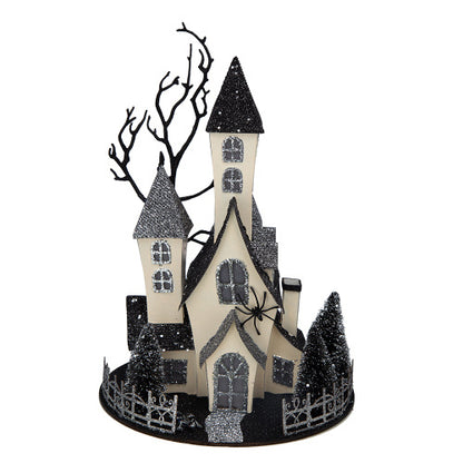US Local 10x8.3x13.5 Cardboard Lighted Haunted House, Black Beige Tabletop Holiday Halloween Decor, Battery Powered