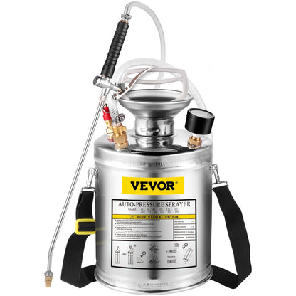 US Local VEVOR 1Gal Stainless Steel, Set With 12Wand  Handle  3FT Reinforced Hose, Hand Pump Sprayer With Pressure Gauge&Safety Valve, Adjustable Nozzle Suitable For Gardening And Sanitizing, Silver