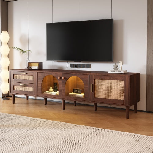 US Local Rattan TV Stand With 3 Cabinets 2 Drawers, Rattan-inspired Media Console Table For TVs Up To 80'', LED Light Entertainment Center, TV Cabinet For Living Room, Bedroom, Home Theatre