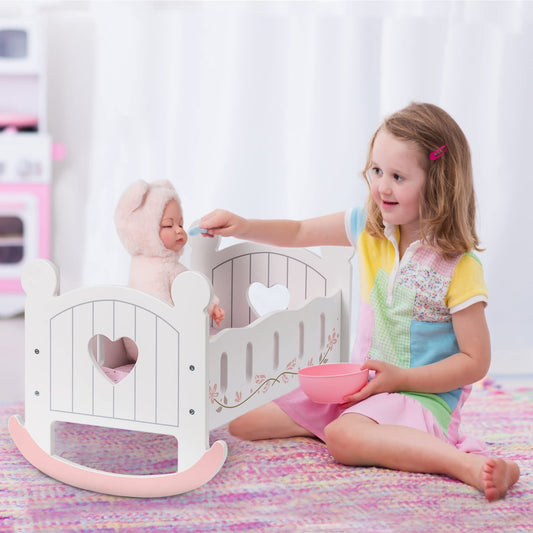 US Local ROBOTIME Wooden Doll Cradle Rocking Baby Doll Crib Reversible Doll Bed For Dolls Girl,Fits Dolls Up To 18 Inches