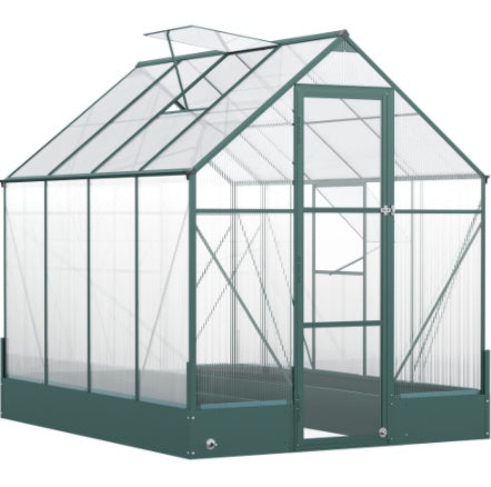 UK Local Outsunny 6x8 FT Polycarbonate Greenhouse With Base And Raised Bed, Walk-in Greenhouse With Aluminium Frame, Temperature Controlled Window, Foundation For Plants, Flowers, Vegetable