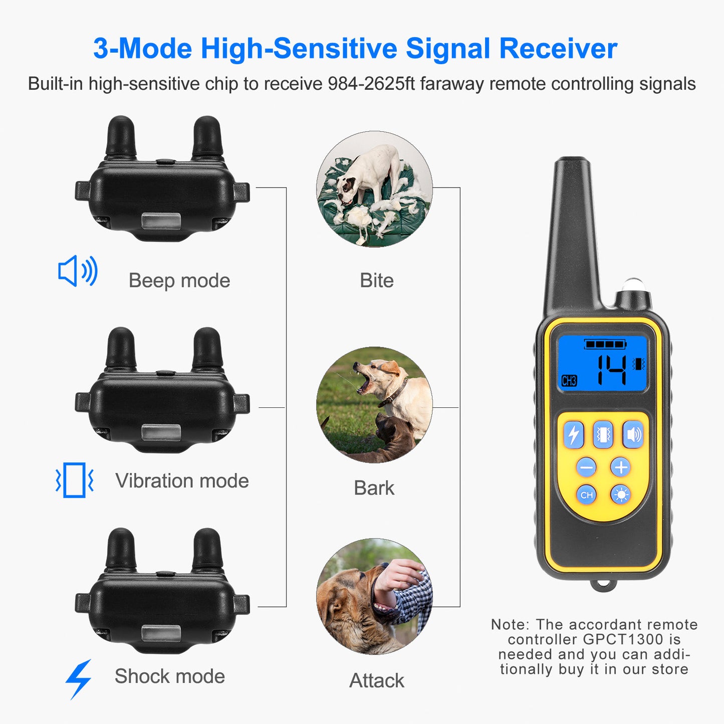 US Local 1Pc Dog Training Collar With Remote  IP67 Waterproof Pet Trainer 300mAh Rechargeable 875 Yard Remote Control 4 Modes Adjustable Level