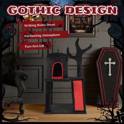 US Local Gothic Cat Tree, Halloween Cat Tower Cat Tree With Spacious Cat Condo, Brach Shaped Scratching Post, Scratching Ladder, Spider Toy For Indoor Cats, Red & Black