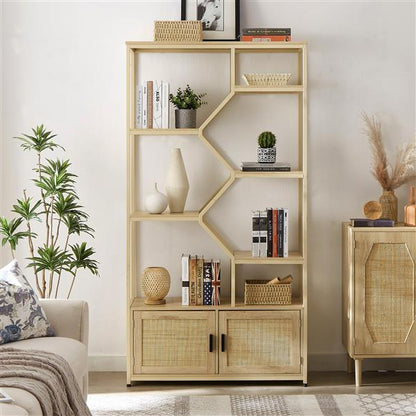 US Local Bookshelves In Rattan, 7-tier Bookcase Storage Shelves For Living Room, Home Office, Natural Color