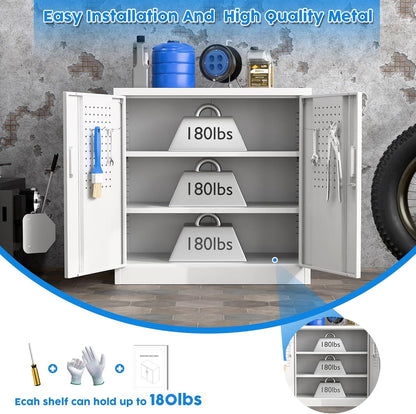 US Local Metal Storage Cabinet With Pegboard 31.5'' X 31.5'' X 16.5'',Lockable Rolling Steel Storage Cabinet With 5 Adjustable Shelves And Door For Garage, Office, Kitchen, Assembly Required White