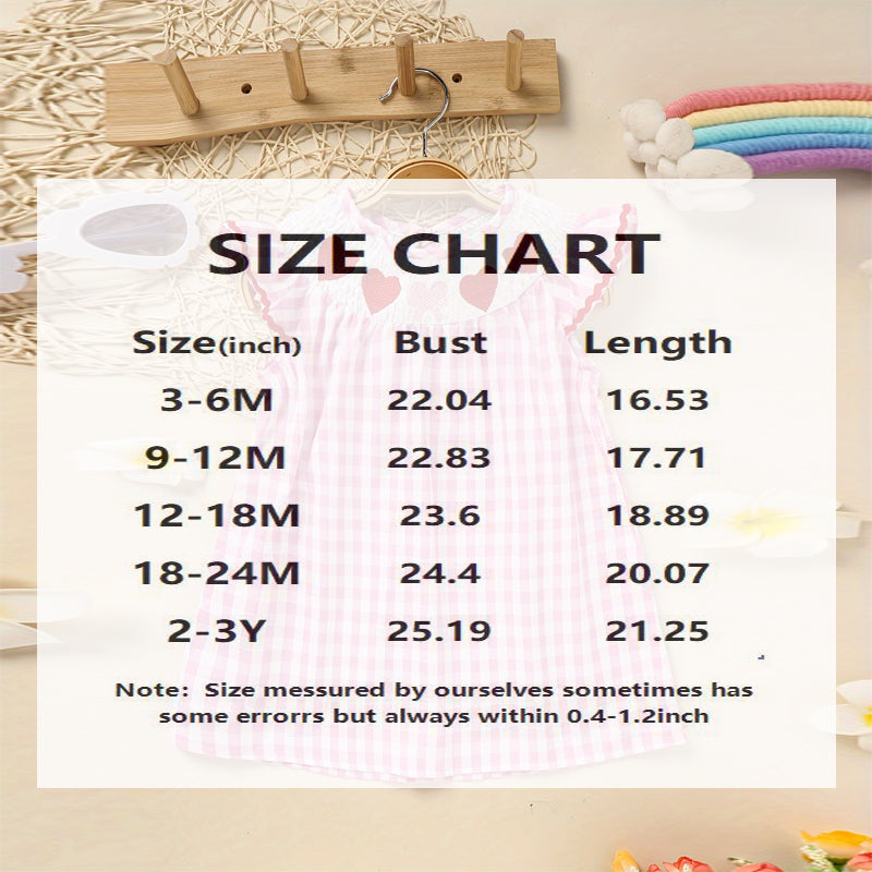 US Local Toddler Girl's Short Sleeve Checkered Dress, Heart Embroidery & Ruffle Detail With Back Button Closure