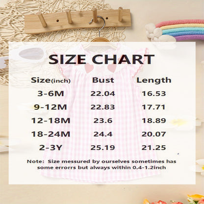 US Local Toddler Girl's Short Sleeve Checkered Dress, Heart Embroidery & Ruffle Detail With Back Button Closure
