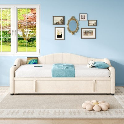 UK Local Upholstered Bed 90x190cm, Daybed, Sofa Bed With Charging Station, 3ft Single Velvet Bed With USB And Type - C Ports, Pull Out Trundle Bed For Living Room Bedroom Study Room, Beige No Mattress