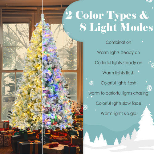 US Local 6FT Snow Flocked Christmas Tree, Pre-Lit Set With Tree & Garland & Wreath, Artificial Hinged Xmas Tree With Colorful LED Lights, 8 Lighting Modes, Pine Cones, Holiday For Home