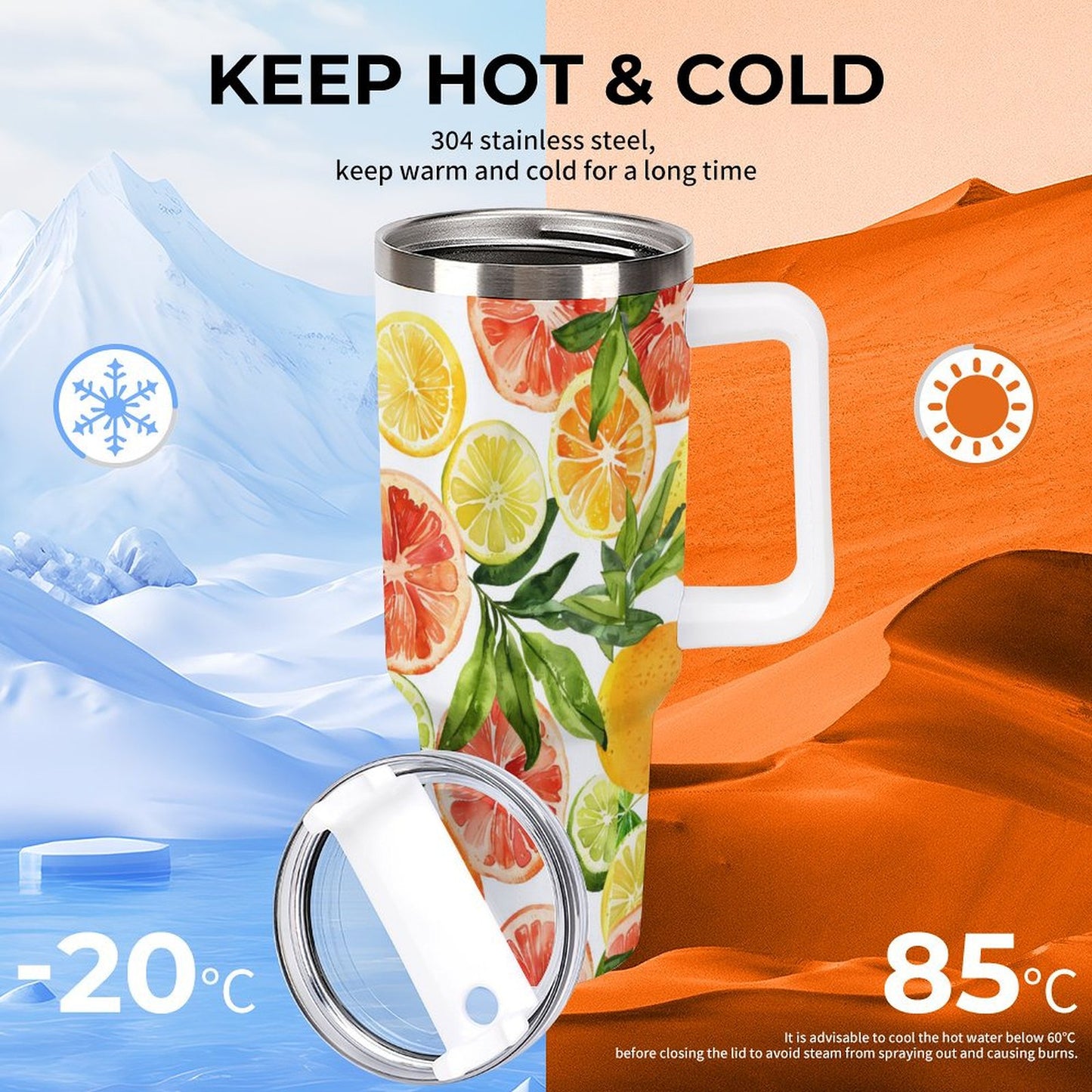 PHDT00526 POD US Local Tumbler 40oz Large Capacity Car Cup Fruits, Oranges Yellow