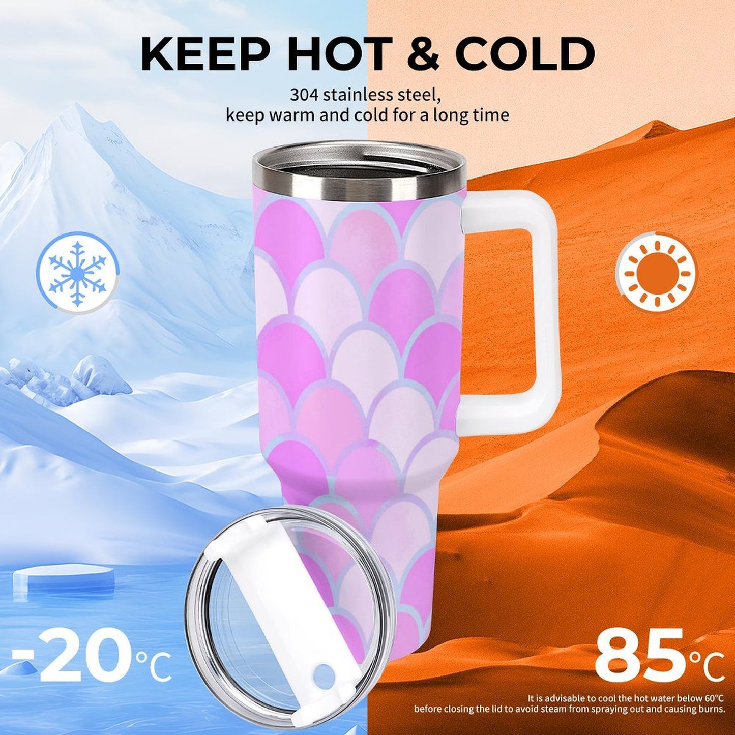 PHDT00427 POD US Local Tumbler 40 oz Large Capacity Car Cup Pink, Fish Scales