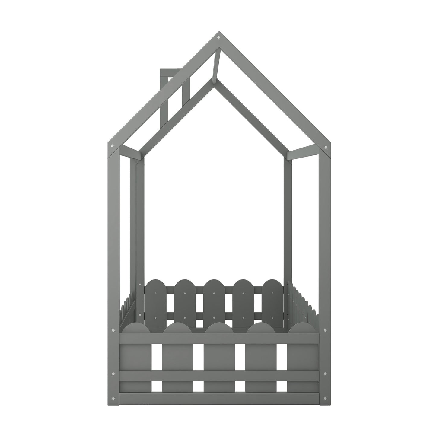 US Local Twin Size Wood House Bed Frame With Fence For Kids, Teens - No Slats