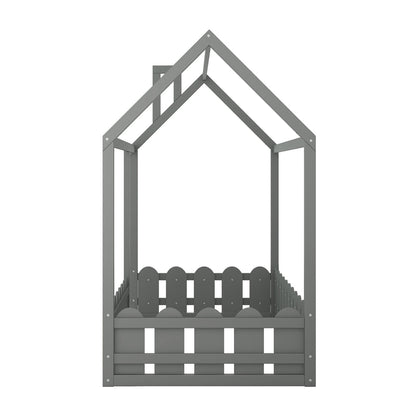 US Local Twin Size Wood House Bed Frame With Fence For Kids, Teens - No Slats