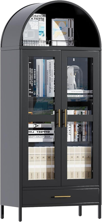US Local 73In Tall Metal Arched Cabinet, Arched Display Pantry Cabinet With Glass Door, Modern Farmhouse Bookcase With 1 Drawer And 2 Adjustable Shelves For Living Room, Black, Assembly Required