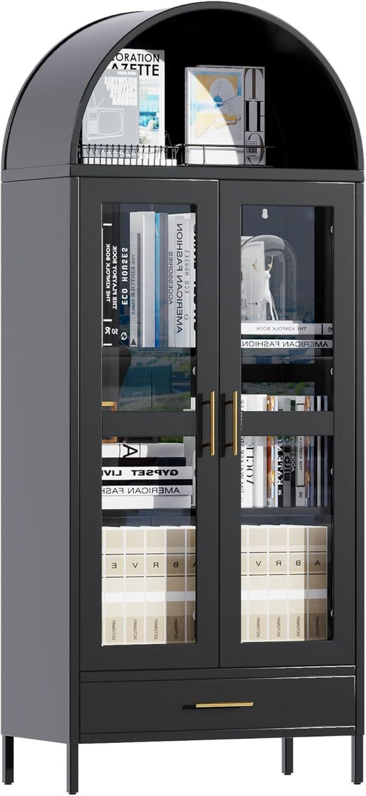 US Local 73In Tall Metal Arched Cabinet, Arched Display Pantry Cabinet With Glass Door, Modern Farmhouse Bookcase With 1 Drawer And 2 Adjustable Shelves For Living Room, Black, Assembly Required