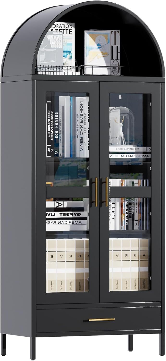 US Local 73In Tall Metal Arched Cabinet, Arched Display Pantry Cabinet With Glass Door, Modern Farmhouse Bookcase With 1 Drawer And 2 Adjustable Shelves For Living Room, Black, Assembly Required