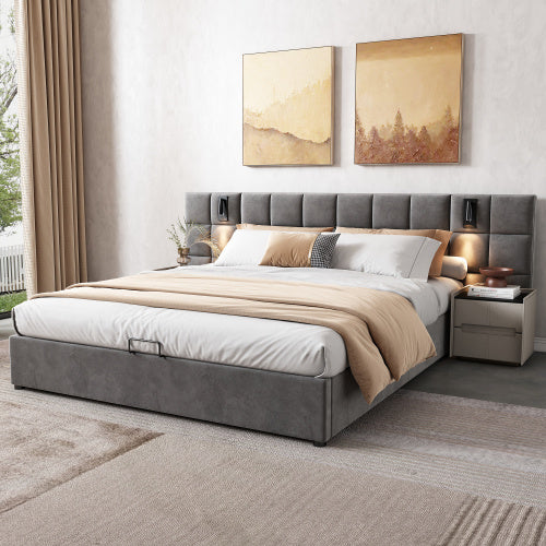 UK Local Upholstered Bed, Double Bed-4ft6 135x190cm, Hydraulic Storage Bed With Directional Lamp And USB Charging, Wide Headboard, Checkerboard Pattern, Without Bedside Tables And Mattress, Velvet, Grey