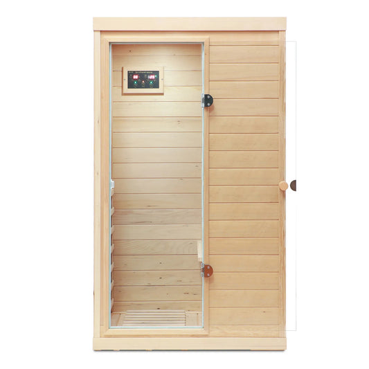 US Local Hemlock Mini One Person Far Infrared Door On The Left Of The Indoor Sauna Room