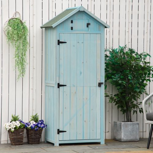 UK Local Outsunny Garden Shed Vertical Utility 3 Shelves Shed Wood Outdoor Garden Tool Storage Unit Storage Cabinet, 77 X 54.2 X 179cm - Blue