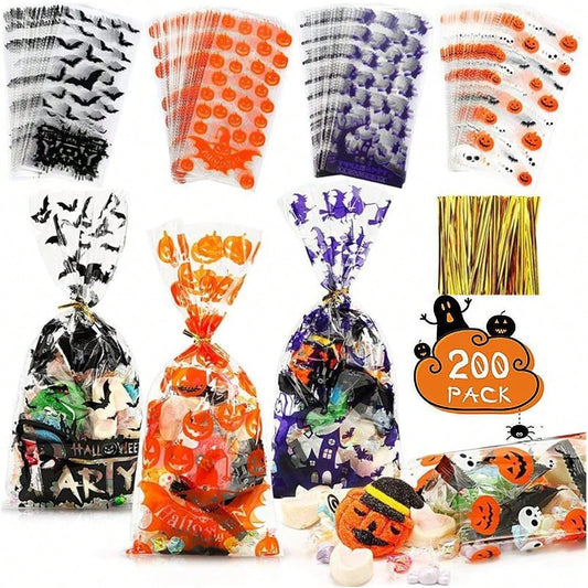US Local 200 Pcs Halloween Gift Wrapping Bags With Twist Ties 5.1 X 10.8 Inch Cellophane Witch Bat Printing Flat Bag OPP Halloween Pumpkin Treat Packaging Bags For Party Favors Halloween Decoration