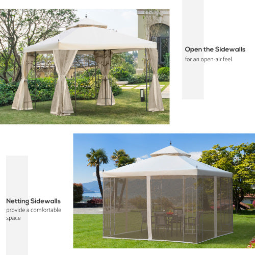 UK Local Outsunny 3Mx3M Garden Gazebo Double Top Outdoor Canopy Patio Event Party Wedding Tent Backyard Sun Shade With Netting - Cream White